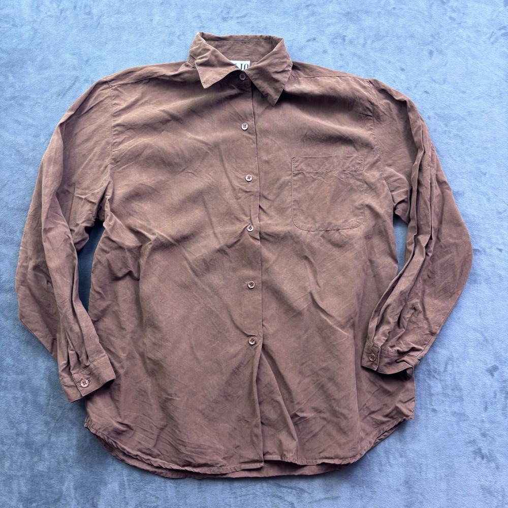 Clio Brown 100% Silk Long Sleeve Button Down Shirt Large Sandwashed Pocket